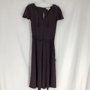 Ann Taylor Plum Color Belted Midi Dress V Neck Size 0